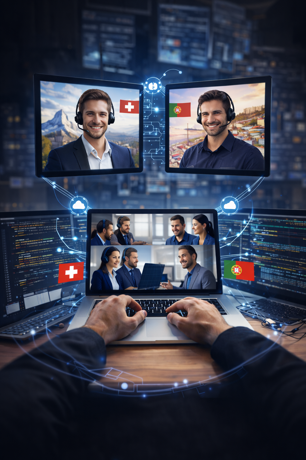 Remote IT collaboration between Switzerland and Portugal showing nearshoring software engineers connected via cloud infrastructure